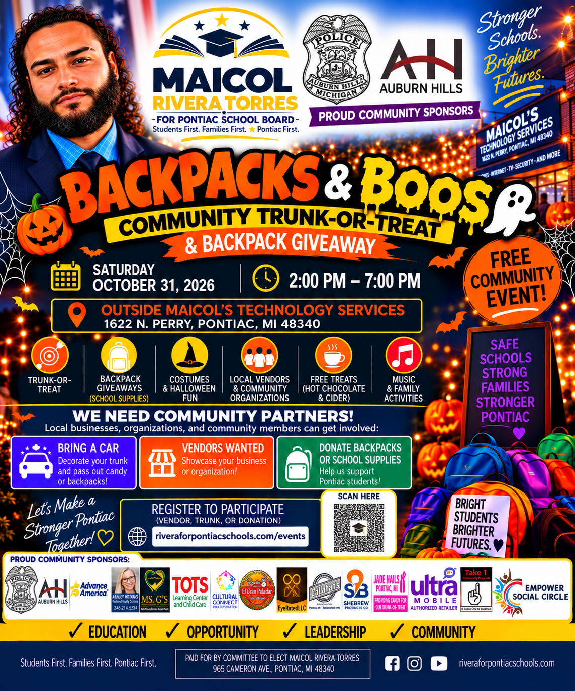 Updated Backpacks & Boos community sponsor flyer: free trunk-or-treat and backpack giveaway, October 31, 2026, 2–7 PM, outside Maicol’s Technology Services, 1622 N. Perry, Pontiac.