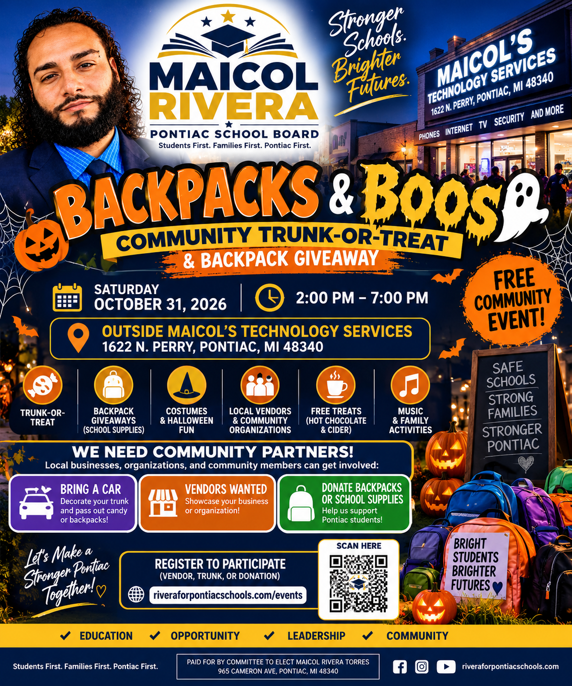 Backpacks & Boos flyer: Community Trunk-or-Treat and Backpack Giveaway, Saturday October 31, 2026, 2:00 PM to 7:00 PM, outside Maicol's Technology Services, 1622 N. Perry, Pontiac, MI 48340. Free community event.