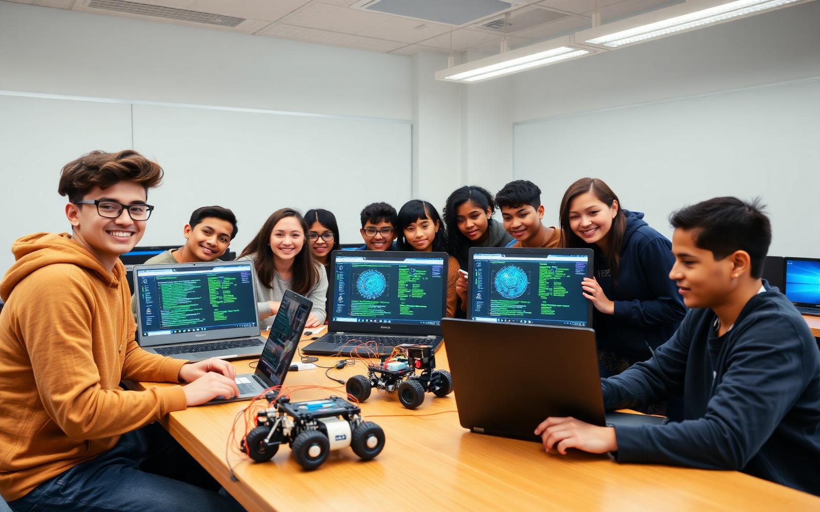 Diverse Pontiac students collaborating on laptops, AI projects, and robotics